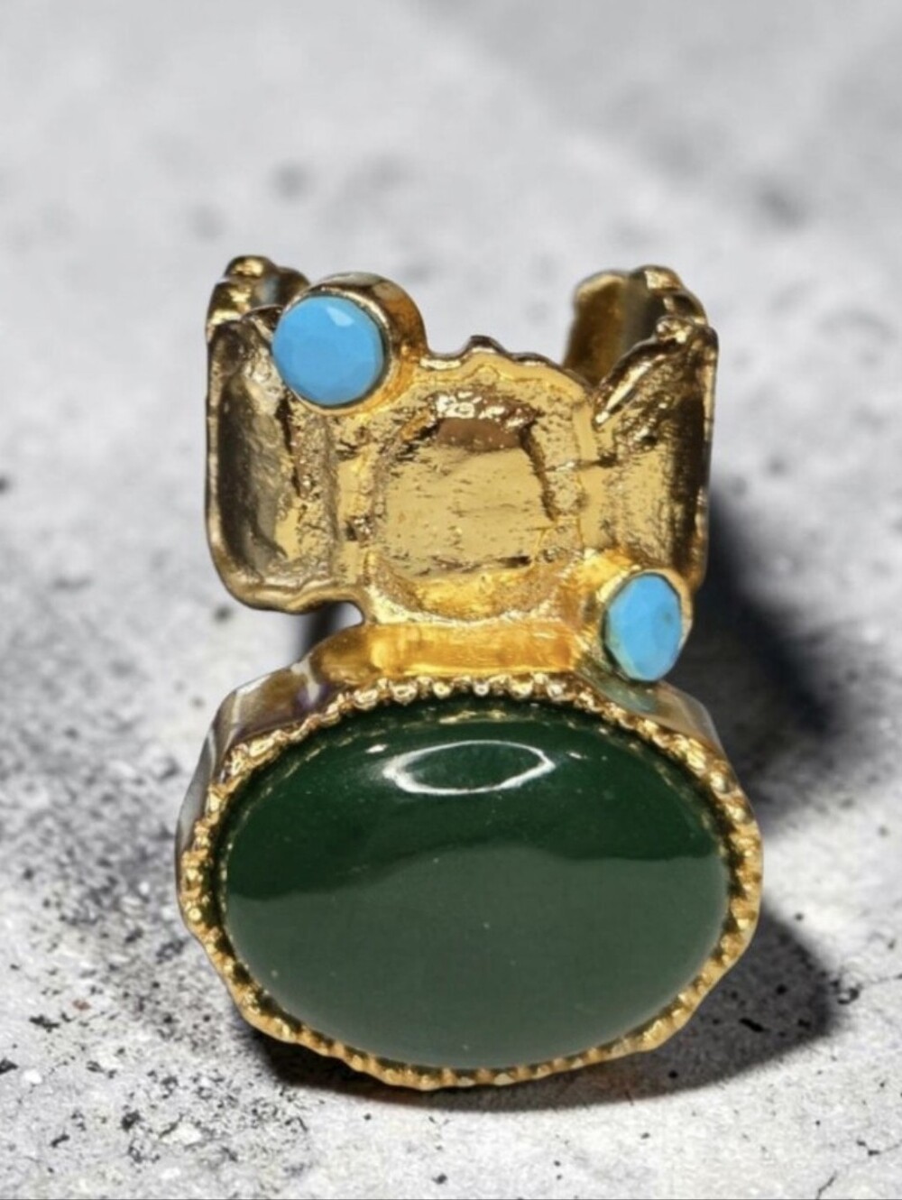 18k Gold Plated Byzantine Coin Genuine Emerald Onyx Turquoise Statement Ring